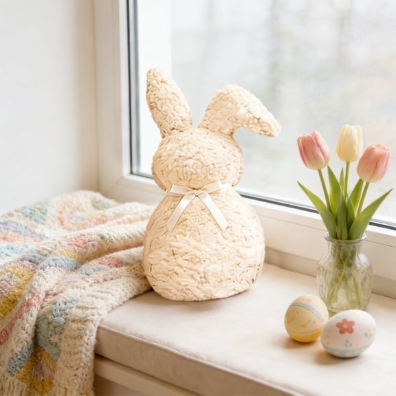 Free Express Easter Bunny Shaped Plush Decor with White Ribbon Accent - Compact Easter Plush, Adorable Bunny Shaped Toy Pillow for Tabletop Living Room Decor, 5.91x7.87in, 1 Pack