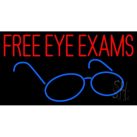 Free Eye Exams LED Neon Sign 20 x 37 - inches, Black Square Cut Acrylic Backing, with Dimmer - Bright and Premium built indoor LED Neon Sign for Defence Force.