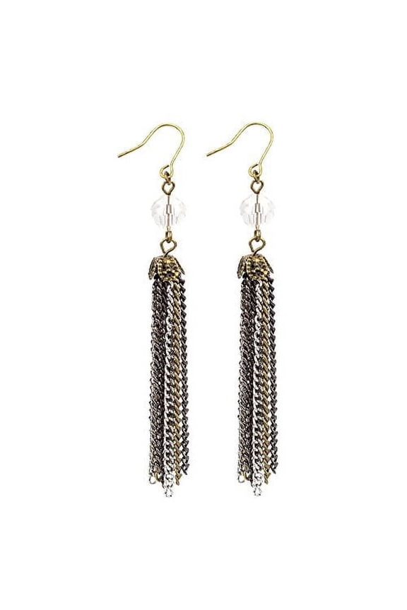 Mixed Metal Chain Tassel Dangle Earrings with Crystal Accent Jewelry Earring Gold Metal