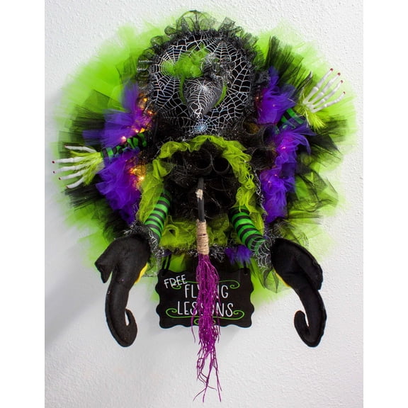 Free Flying Lessons Crashed Witch Halloween Wreath | Funny Halloween Decoration | Humorous Gifts for Halloween