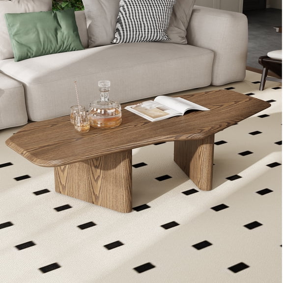 Free Form Coffee Table 47.2 Inches, Rustic Ash Wood Veneer for Small Living Room, Walnut Stained MDF Pedestal Base
