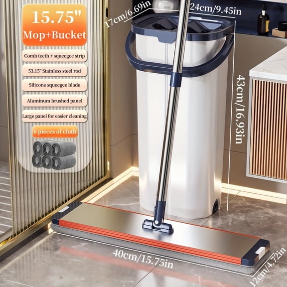 Free-Hands Floor Cleaning System with Wringer Bucket and Flat Mop, Dry-Wet Separation Design with Stainless Steel Handle and 6 Reusable Microfiber Cloths for Floors, Windows, and Bathrooms