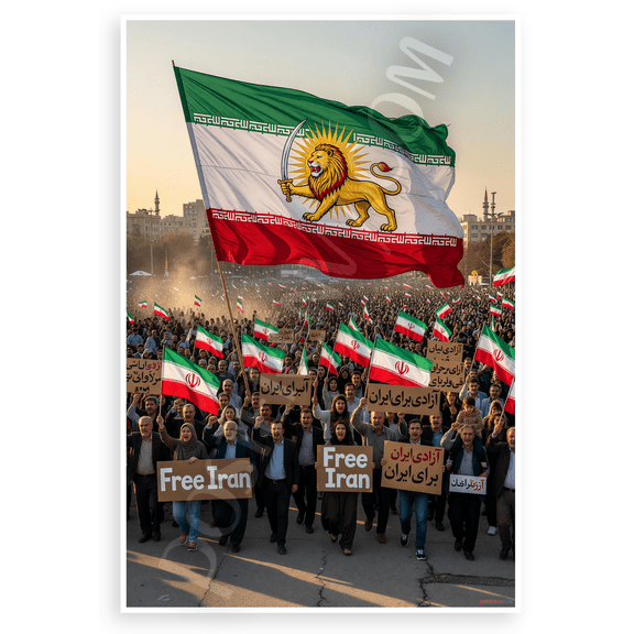 Free Iran Lion and Sun Flag Protest Crowd 12x18 US Made Poster