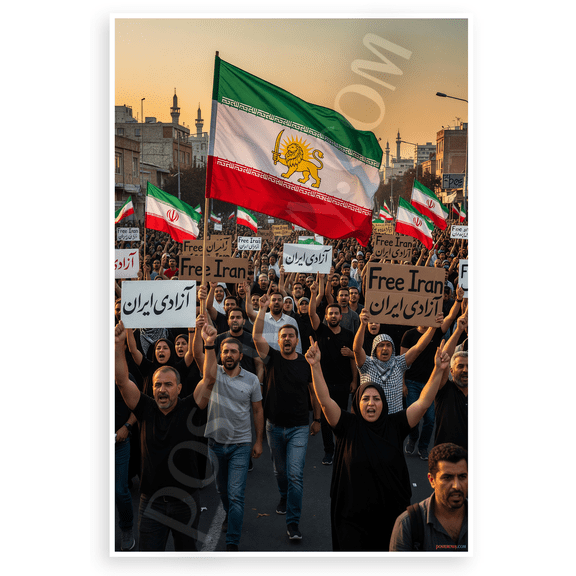 Free Iran Protest Iranian Lion Flag Crowd 12x18 US Made Poster