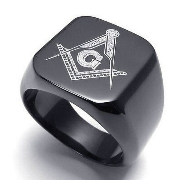 Free Mason Ring - Black Flat Face Freemasonry Stainless Steel Masonic Rings