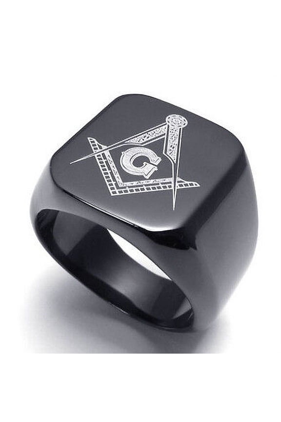 Free Mason Ring - Black Flat Face Freemasonry Stainless Steel Masonic Rings