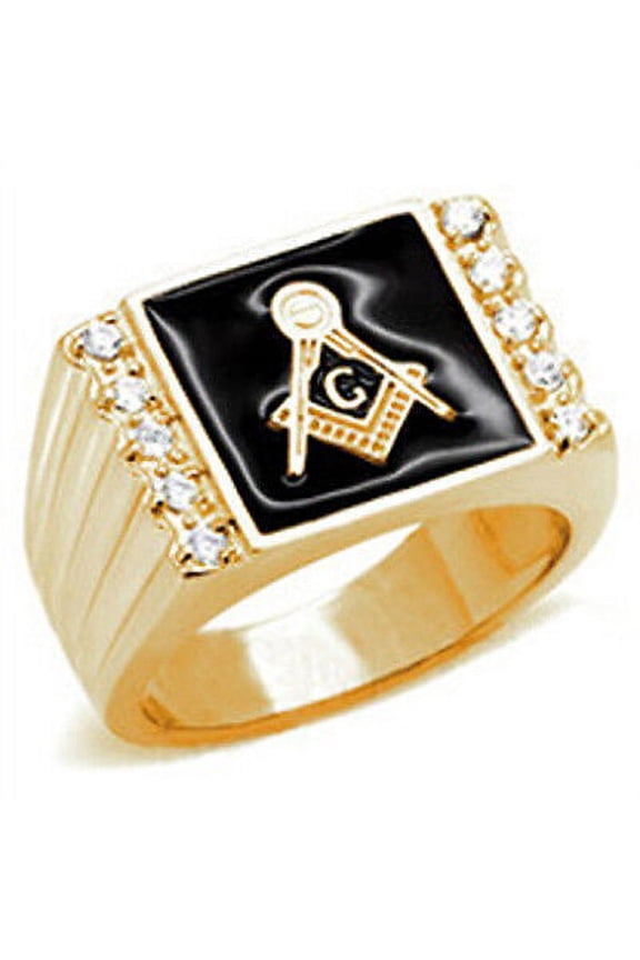 Free Mason Ring - Gold Square CZ Freemasonry Style - Plated Gold Masonic Rings