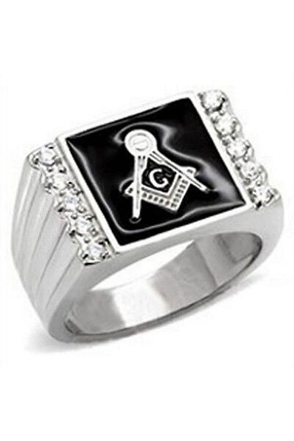 Free Mason Ring - Steel Square CZ Freemasonry Style - Color Silver Masonic Rings