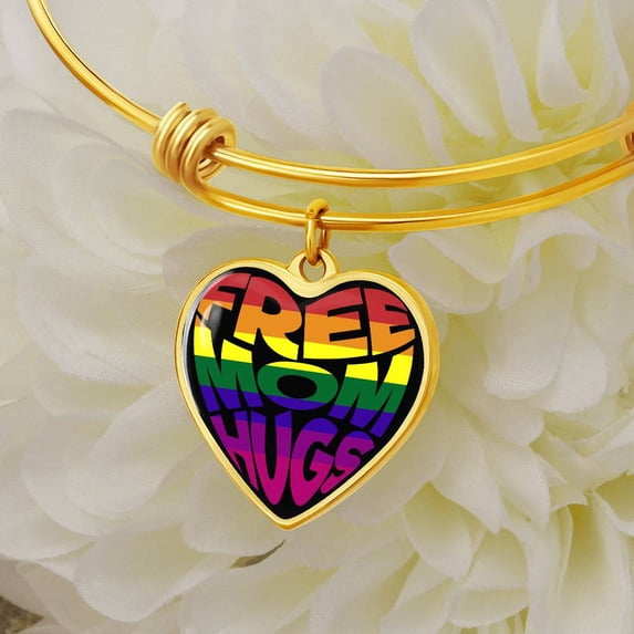 Free Mom Hugs Heart Pendant - LGBT Pride Gift for MOM - Heart Bangle Bracelet - Silver/Gold color, Personalized Engraving Option