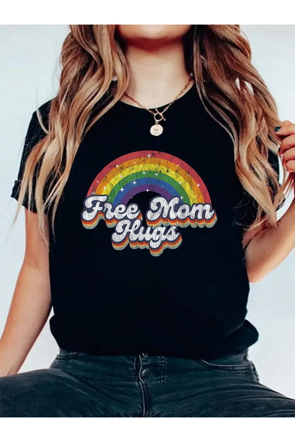 Free Mom Hugs Rainbow Heart LGBT Flag LGBT Pride Month T-Shirt Graphic Tee summer Tops For Women Round Neck Fashion Cotton shirts