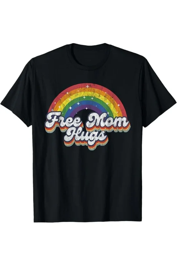 Free Mom Hugs Rainbow Heart Pride Ally Month Graphic Unisex T-Shirt, up to Size 5XL