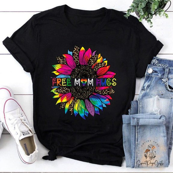 Free Mom Hugs Sunflower Leopard Rainbow T-Shirt, LGBT Pride Moms Shirt, Mother's Day Gift