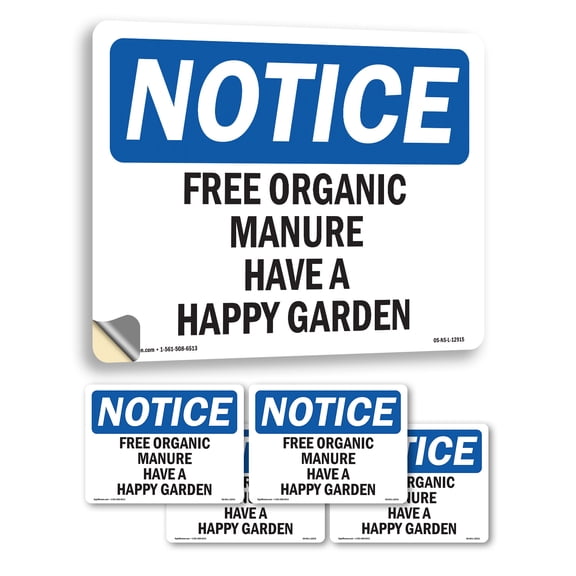 Free Organic Manure Have A Happy Garden OSHA Notice Vinyl Decal Label 18 Inch x 12 Inch - 5 Pack