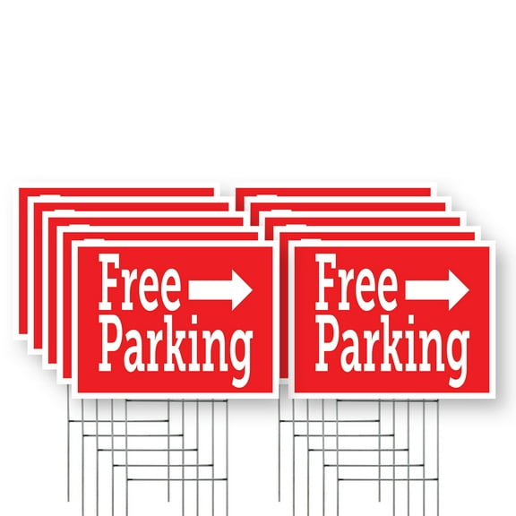 Free Parking Right Yard Sign 10 Pack of 12 Inch x 16 Inch Single Sided Weatherproof Heavy-Duty Plastic with Stake | Event Promotions, Clear Directions, Outdoor Display | Made in USA