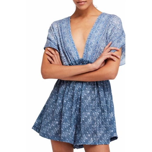 Free People Arizona Printed Plunging Romper Blue XS