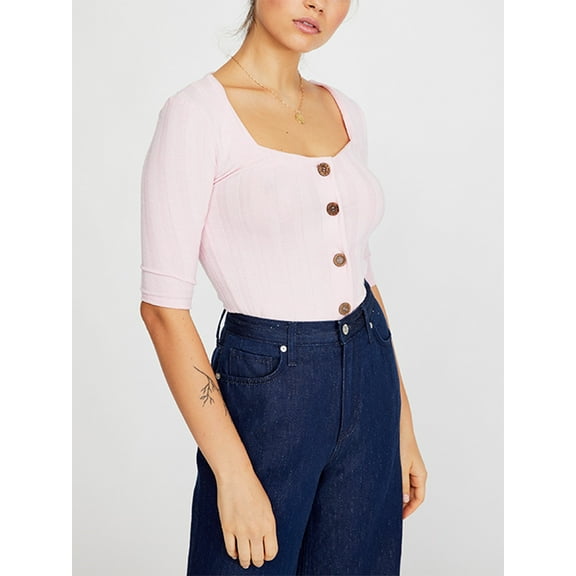 Free People Women's Pink 3/4 Sleeve Square Neck Top Pink M