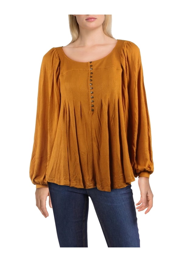 Devin Pleated Blouson Sleeve Button Down Henley Top
