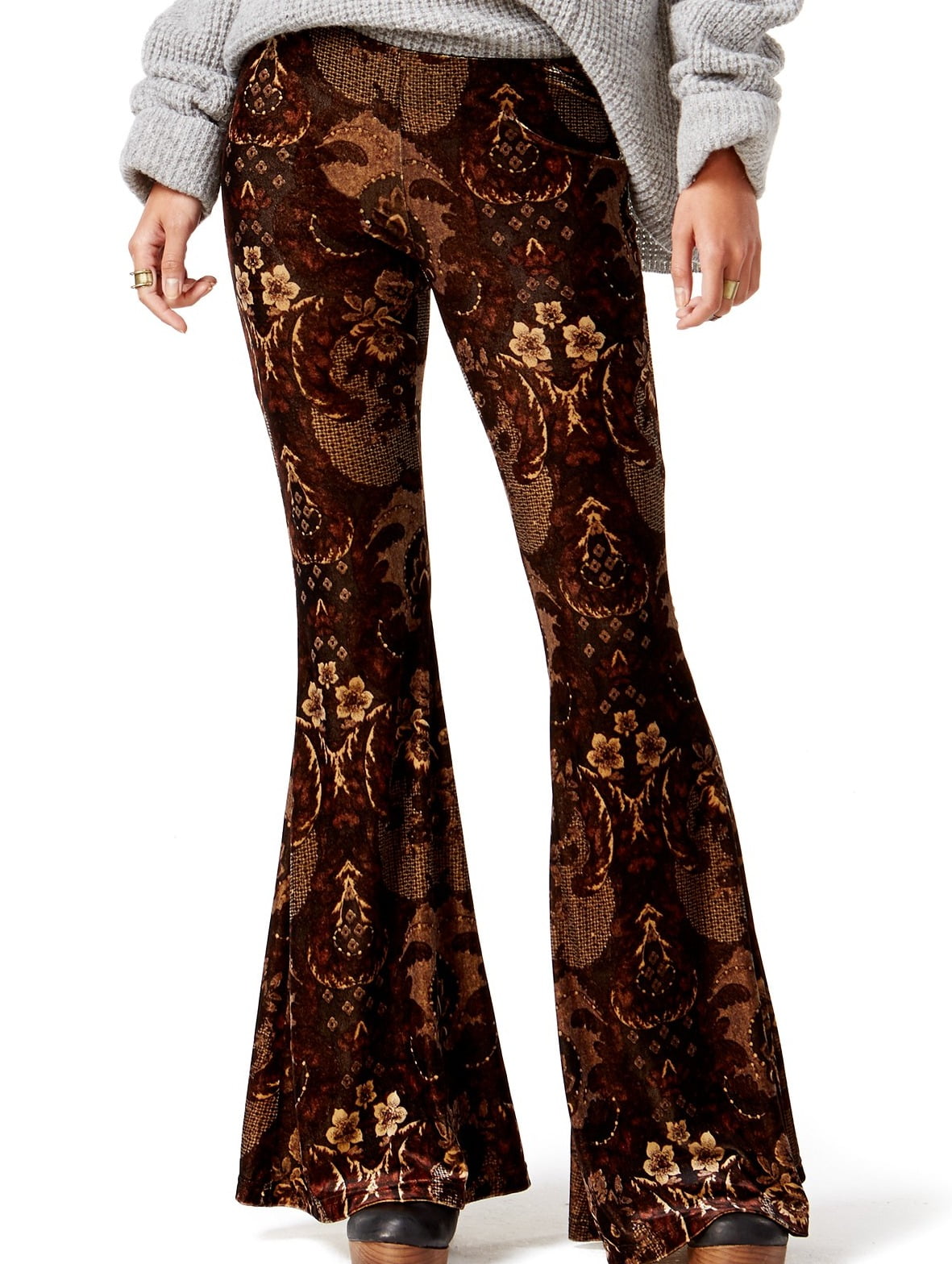 Free People NEW Brown Womens Size Large L Velvet-Printed Flared Pants 