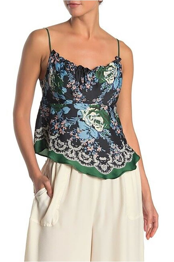 Free People Printed Ruffle Neck Camisole Top Black XS