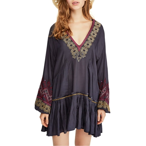 Free People Wild One Embroidered Peasant Dress Black L (12-14)