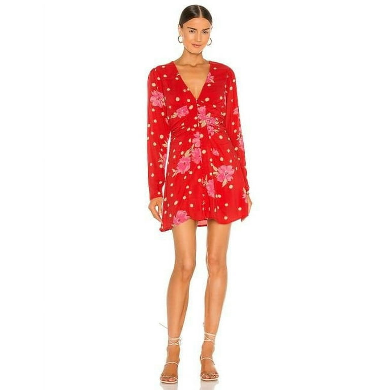 Free People Raspberry Red New Day Long Sleeve Mock Neck discount Embroidered Dress Tunic