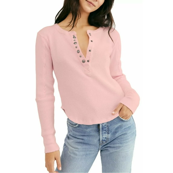 Free People Women Everest Long Sleeve Henley Top Bubblegum Pink Blush Size S