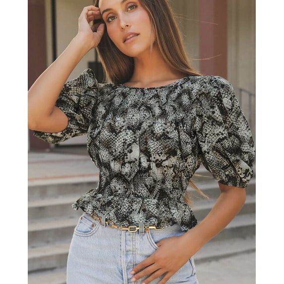 Free People Women's Cotton XOXO Snake Printed Smocked Crop Top Black XS, $88 NWT