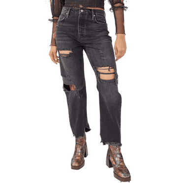 Free People Women's Distressed Tapered Baggy Boyfriend Jeans Black Size 27
