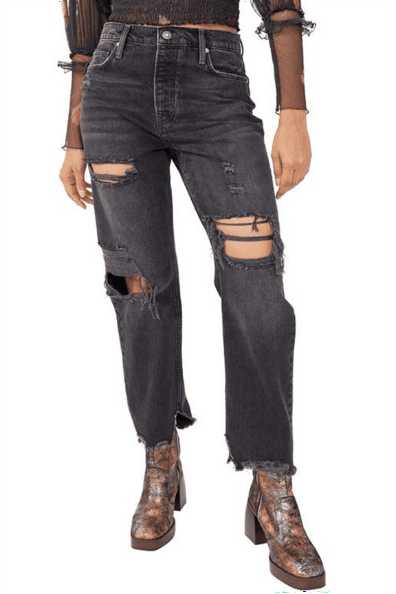 Women's Distressed Tapered Baggy Boyfriend Jeans Black Size 27