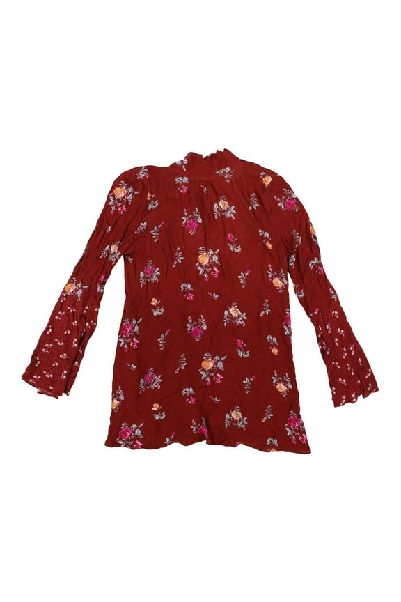 Women's Dress Floral Long Sleeve Flared Open Back Tie-Neck Red Small