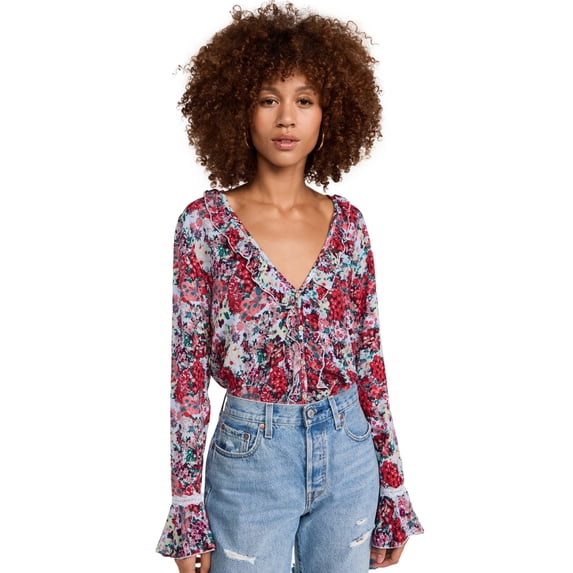 Free People Women's Heat Wave Thong Bodysuit, Rose Garden Combo, Floral, Red, S
