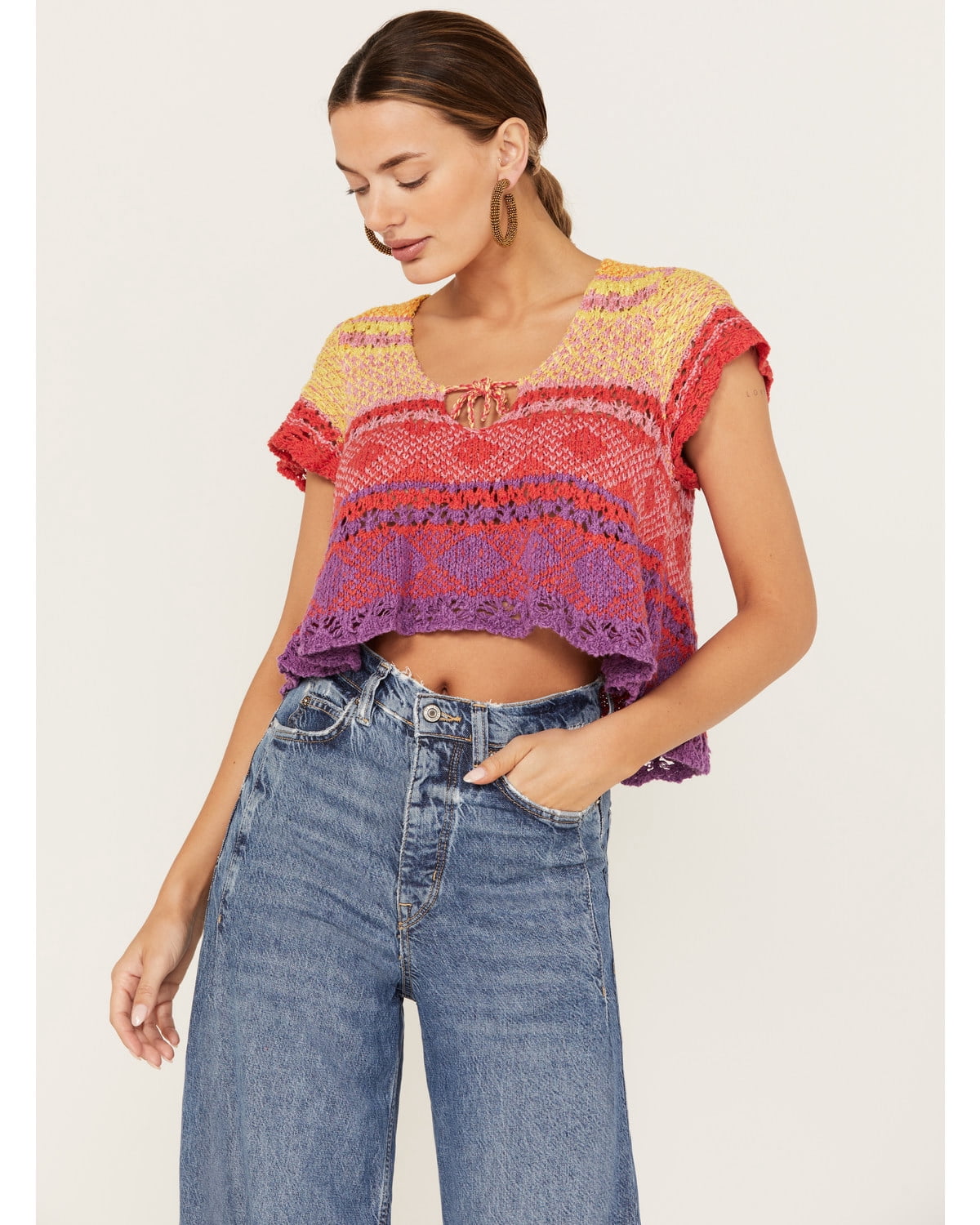 Free People Women's Lily Crochet Top - Cotton, Collared Neckline, Button-Front, Boxy Cropped Fit