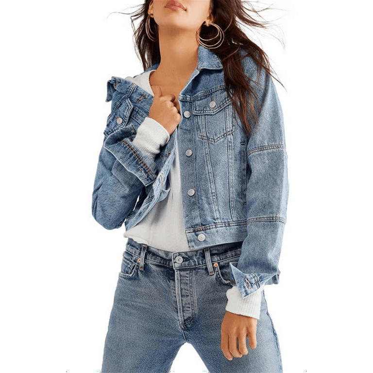 Free People Women s Rumors Crop Denim Trucker Jacket Blue Size X Small Walmart