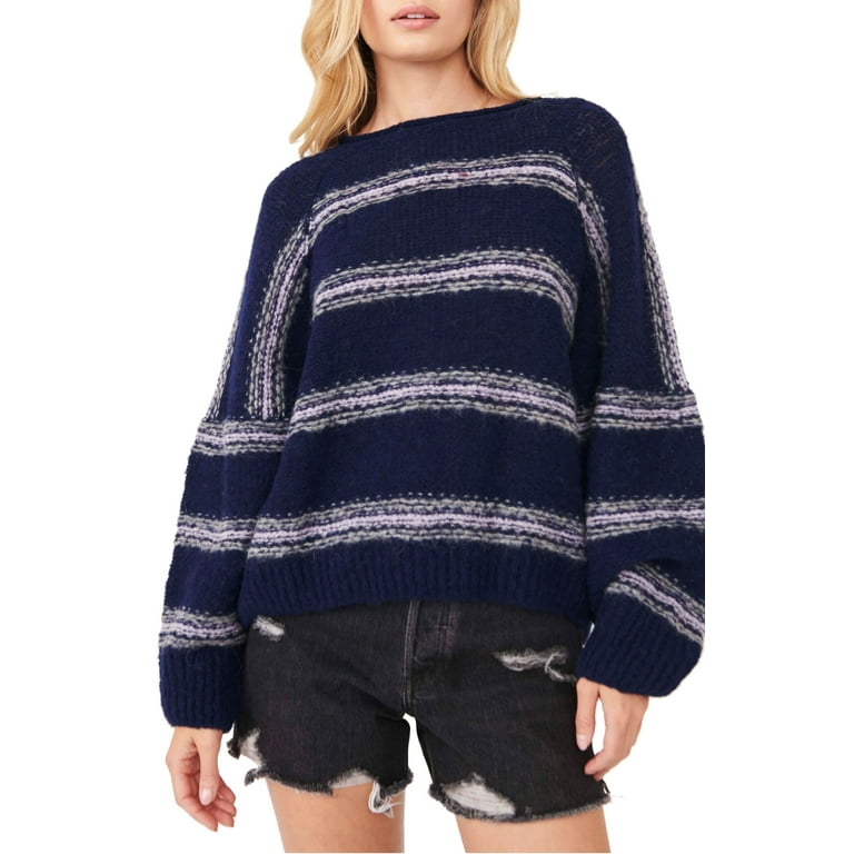 Free People Women s Striped Boat Neck Sweater L Moonlight Combo Walmart