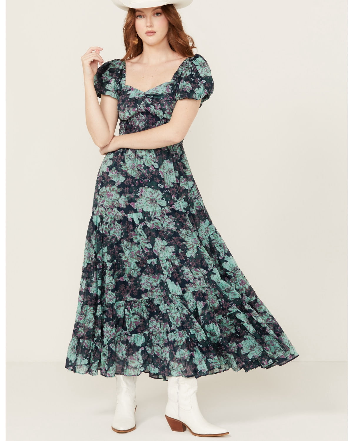 Free People Women's Sundrenched Floral Short Sleeve Maxi Dress Green ...