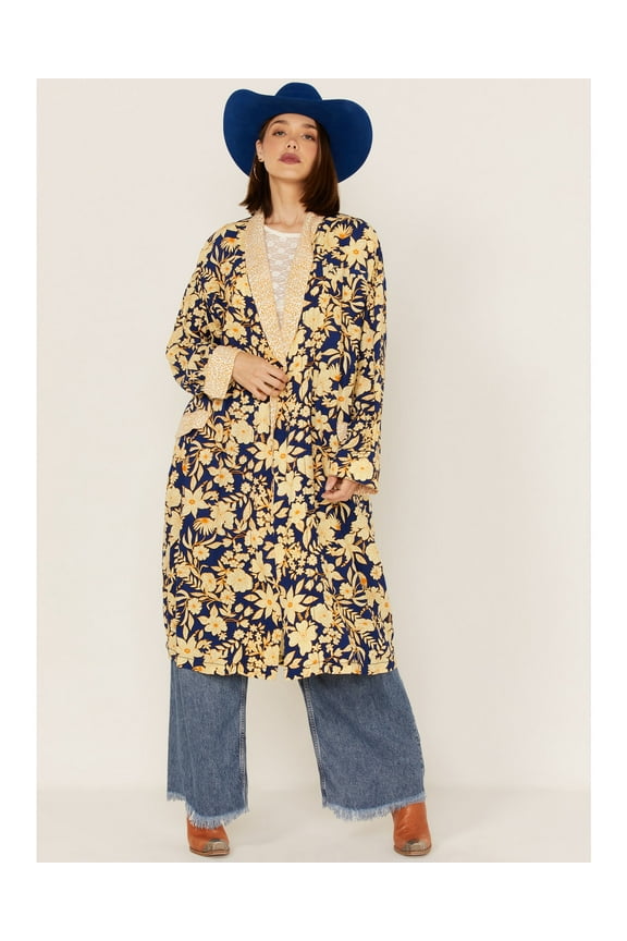 Women's Wild Nights Floral Print Long Sleeve Kimono Duster Blue X-Small US