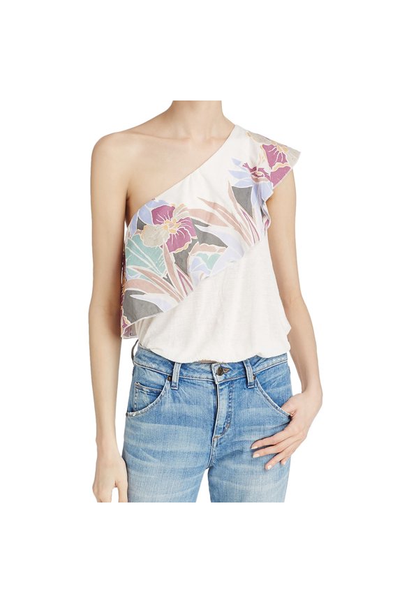 Womens Purple Ruffled Floral Sleeveless Asymetrical Neckline Top Size: M