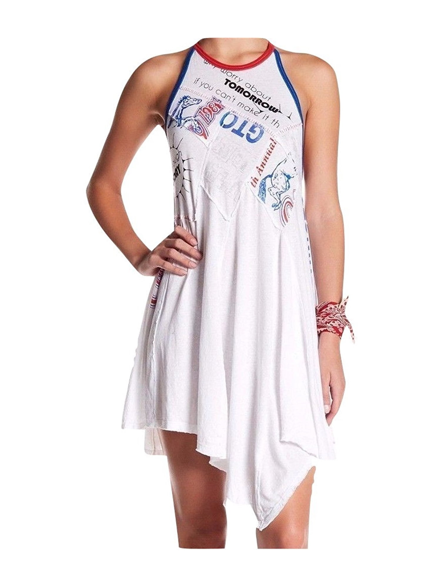navy blue dress for baby girl FREE PEOPLE Womens White Printed Sleeveless Below The Knee Shift Dress M