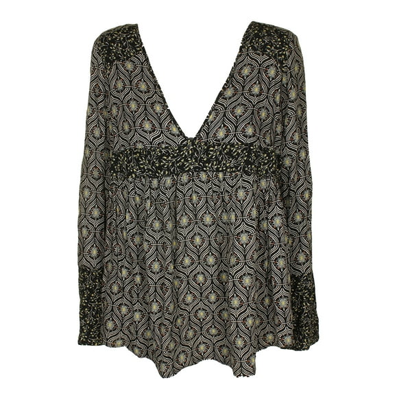 Free People Womens Black Yellow Slit-Cuff Printed V-Neck Blouse S