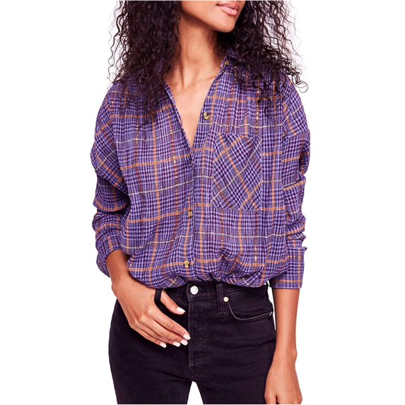 Free People Womens Break My Stride Button Up Shirt, Purple, Medium