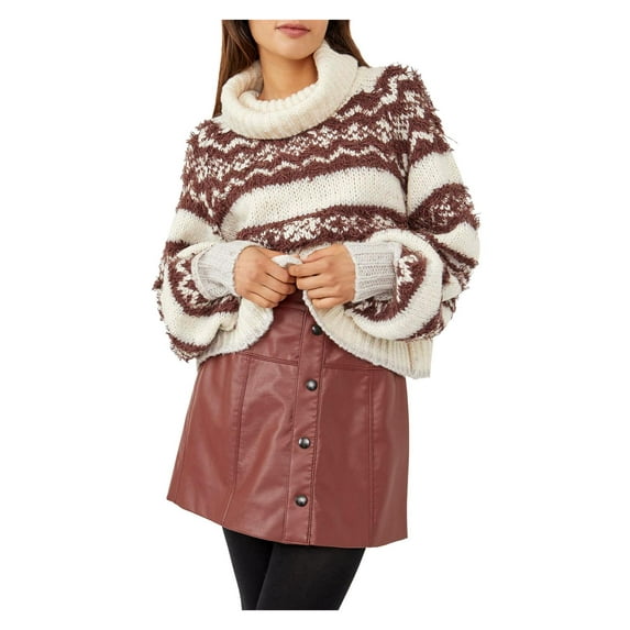 Free People Women's Pullover Sweater Cropped Turtleneck Patterned White Brown XS
