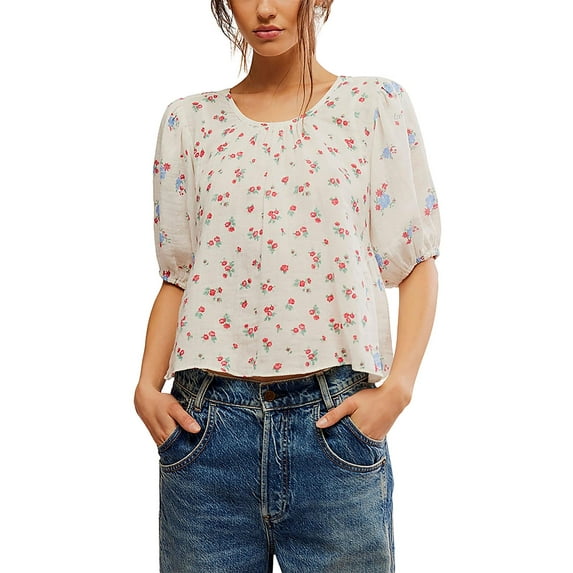 Free People Women's Chloe Floral Print Short Sleeve Tie Back Shirt - OB1960043 Medium US