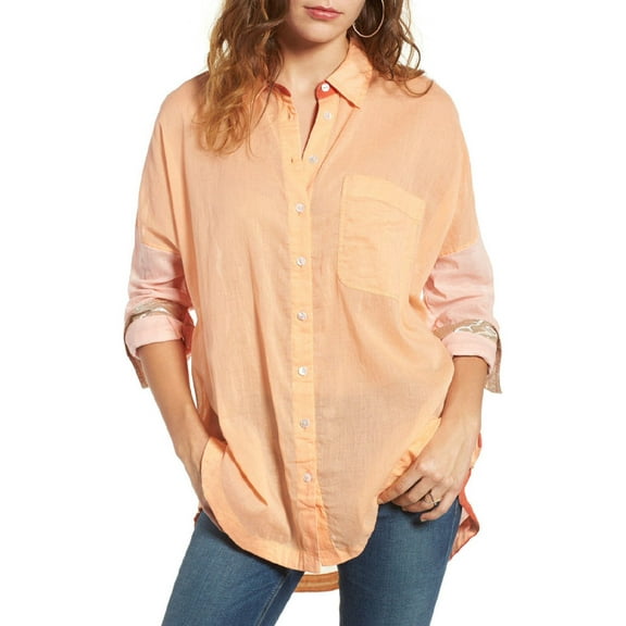Free People Womens Colorblock Long Sleeves Button-Down Top Coral S