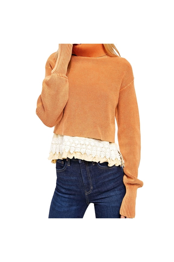 Womens Crochet Hem Pullover Sweater, Orange, Medium