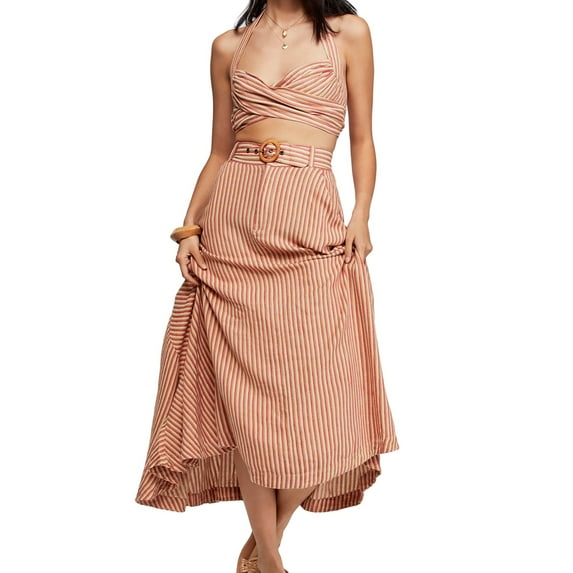 Free People Womens Crossover Striped Crop Halter Top Shirt, Beige, 10