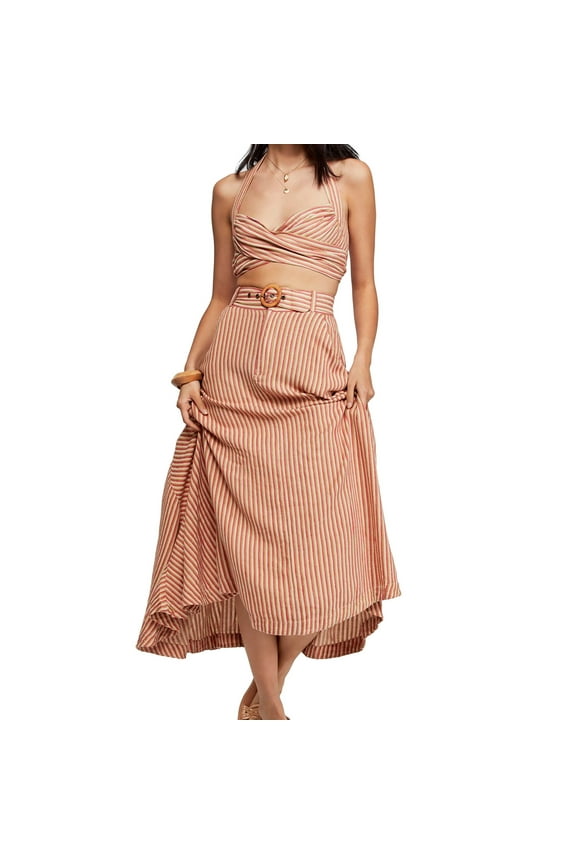 Womens Crossover Striped Crop Halter Top Shirt, Beige, 10