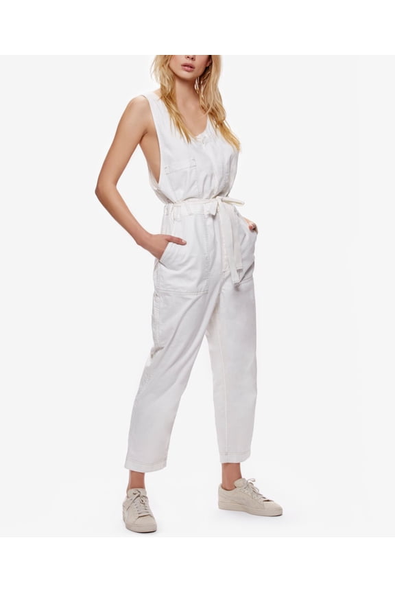 Womens Denim Cropped Jumpsuit Ivory S