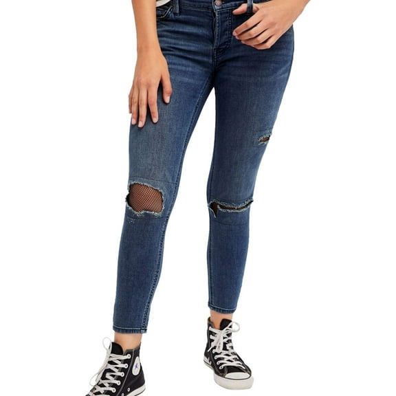 Free People Womens Fishnet-Inset Skinny Fit Jeans, Blue, 26