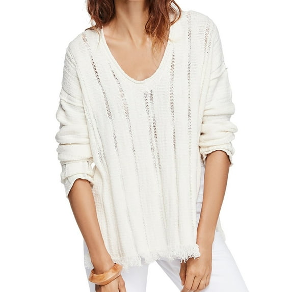 Free People Womens Distressed Pullover Sweater, Off-White, X-Small