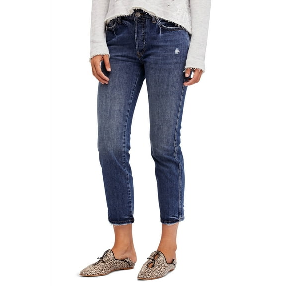 Free People Womens Distressed Raw Hem Boyfriend Fit Jeans, Blue, 26